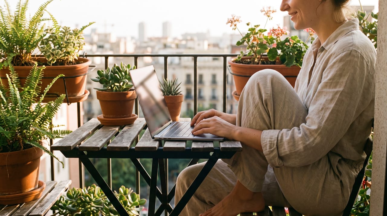 A laptop open on a sunny balcony with a calendar on screen and a coffee cup nearby