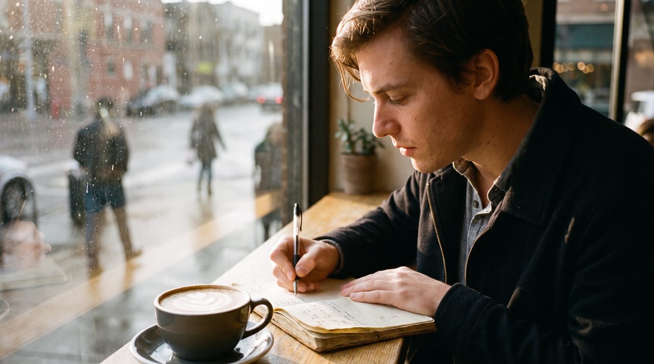A person writing in a notebook beside a cappuccino at a cafe window counter