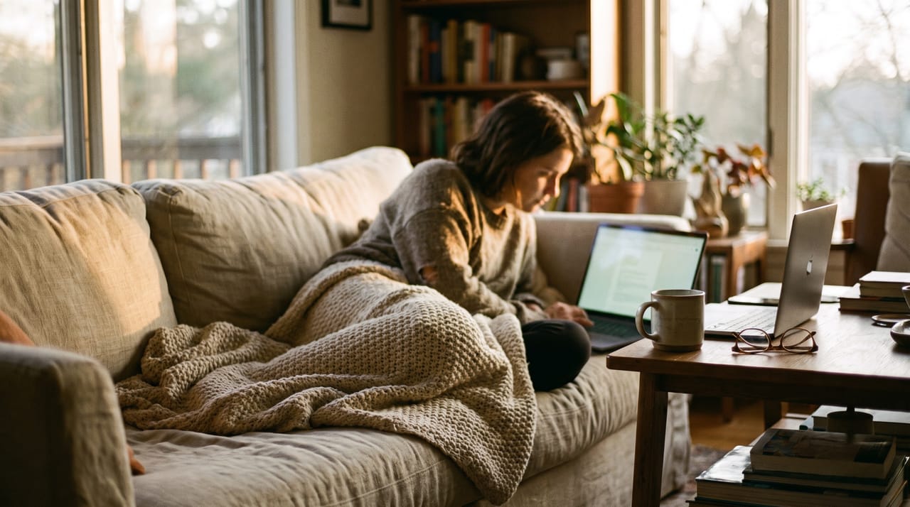 A person sitting on a couch with a laptop, browsing photos in a relaxed home setting