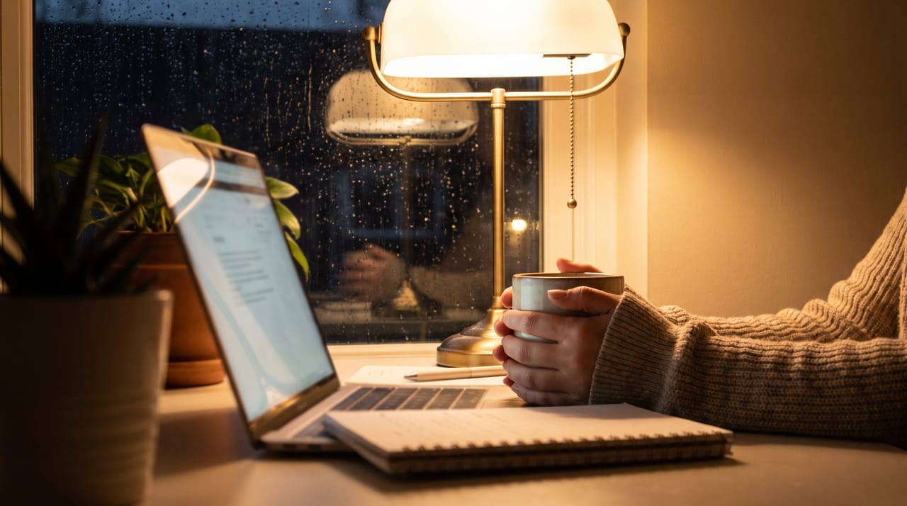 Hands wrapped around a mug beside a glowing laptop and a warm desk lamp in the evening