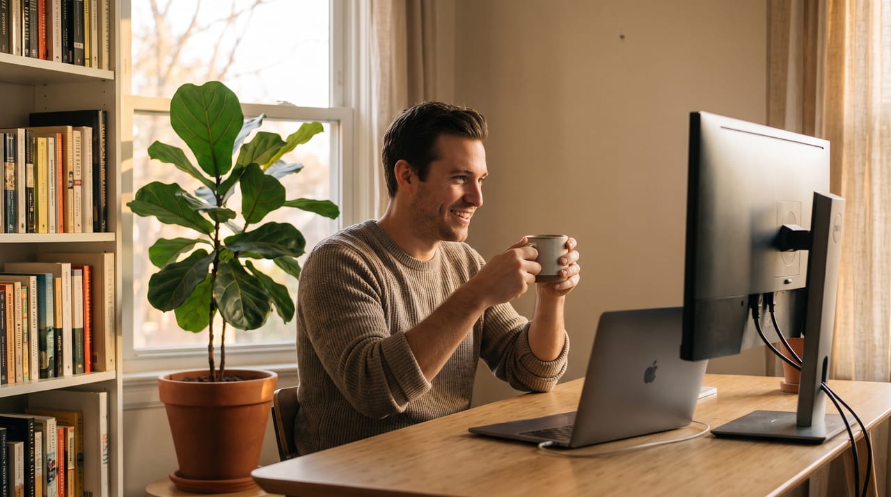 A man with a coffee mug working at a home office desk with a laptop and external monitor