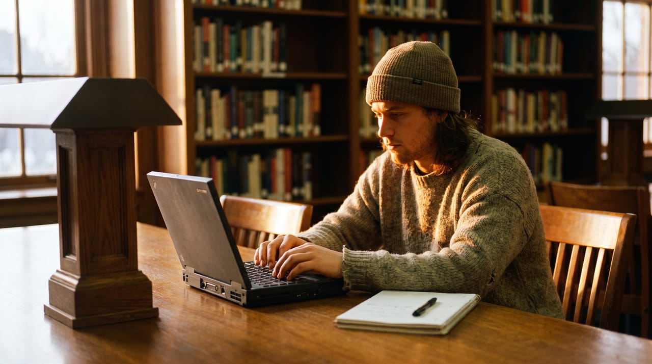 A laptop open on a library table, someone reading through a long email thread