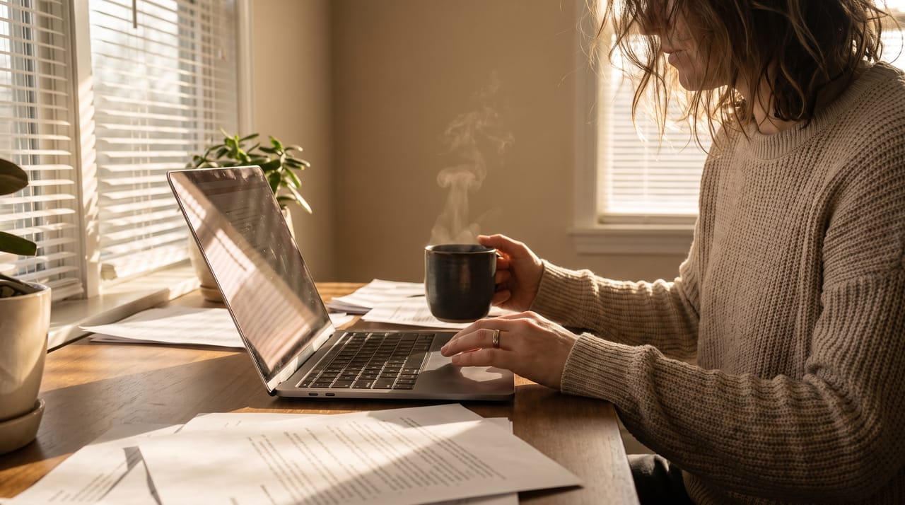 A person starting the workday at a sunlit desk with a laptop and steaming coffee