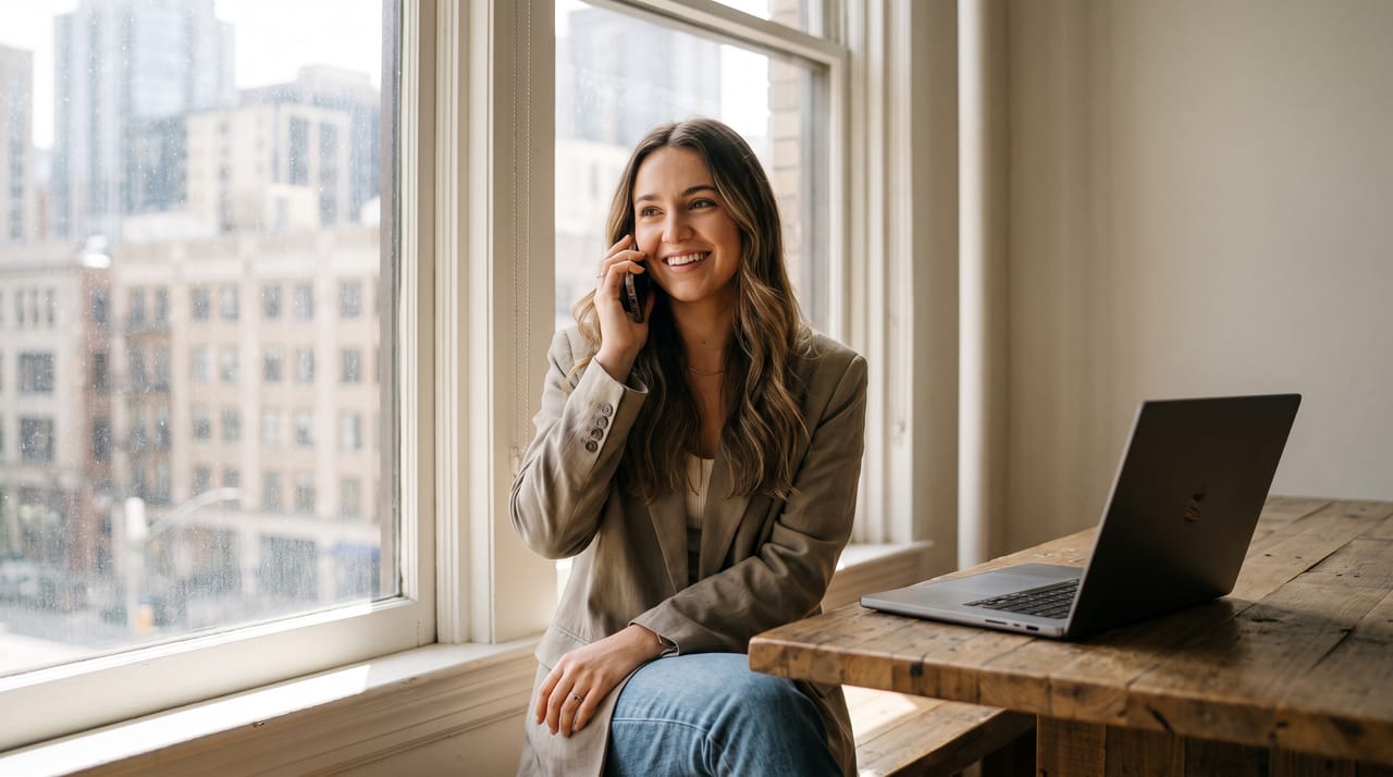 A person on a phone call standing by a window in an office, looking out at the city