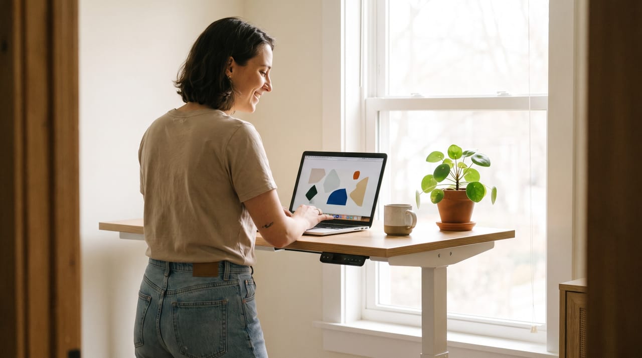 A person working at a standing desk with a laptop and an external monitor showing charts