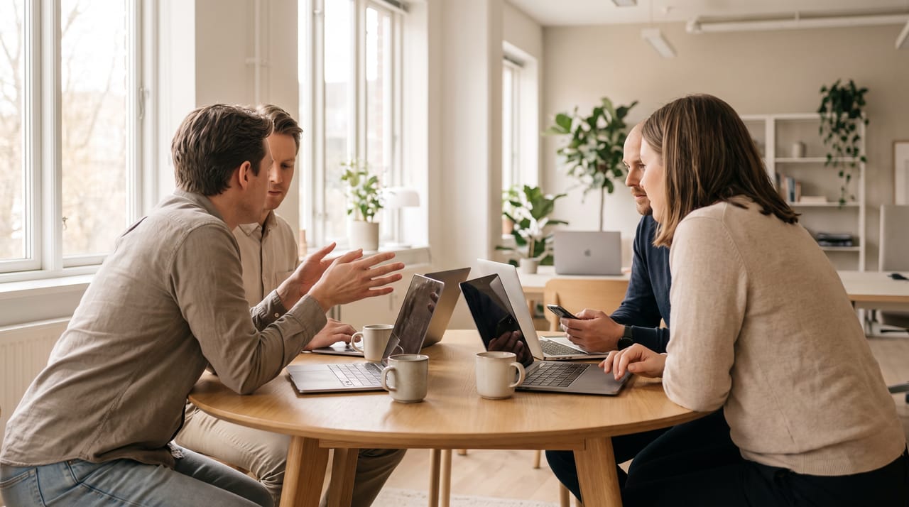 A small team meeting around a wooden table with open laptops and coffee cups