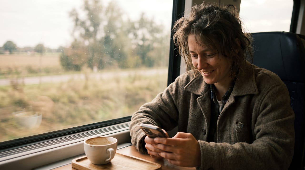 A person using a phone by a train window with the landscape blurred outside