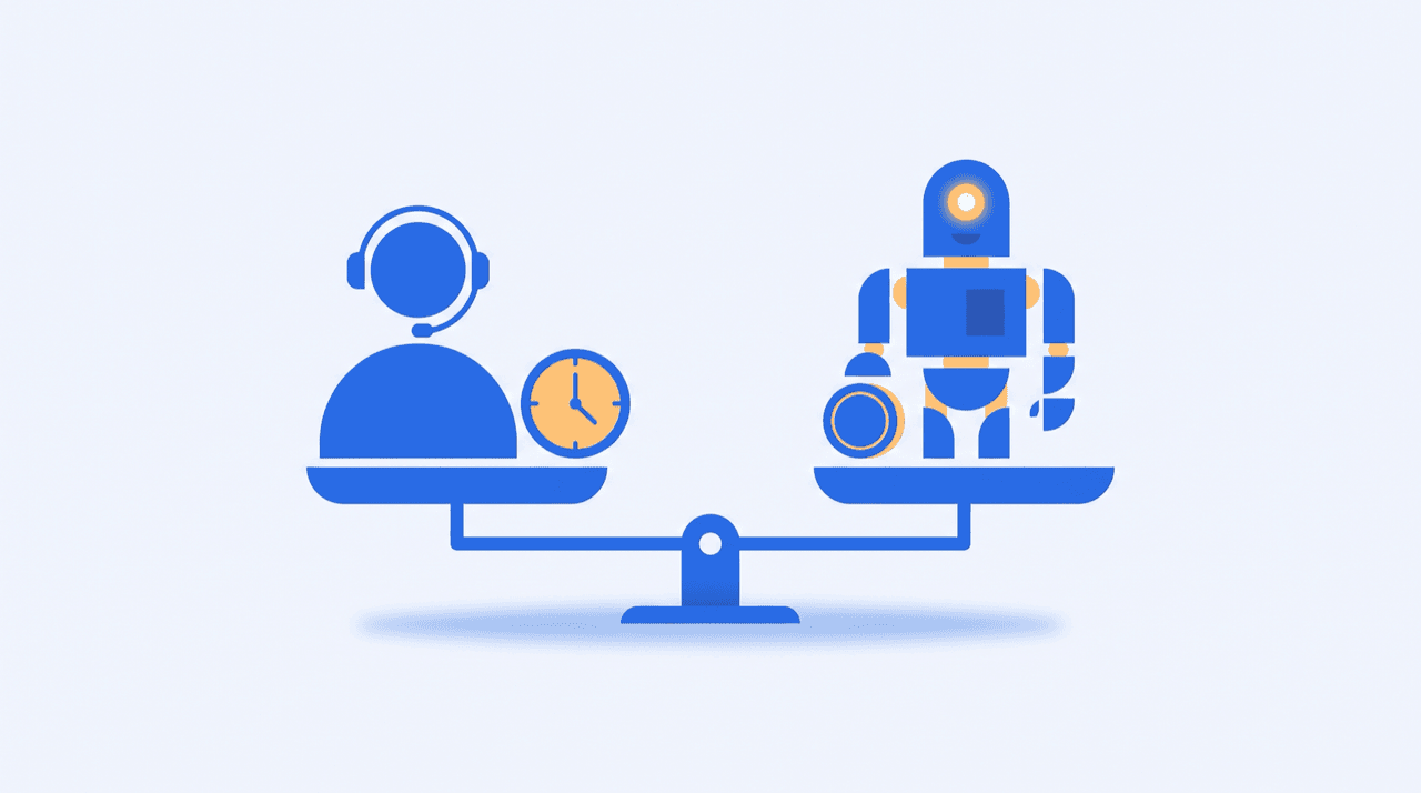Split desk scene: a human assistant with a headset on one side, an AI inbox and calendar interface on the other, connected by a task list