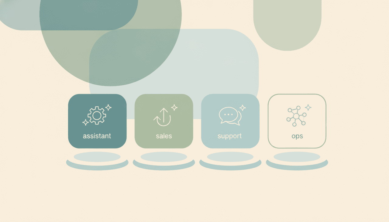 A row of assistant, sales, support and ops agent cards, illustrating AI agents for founders
