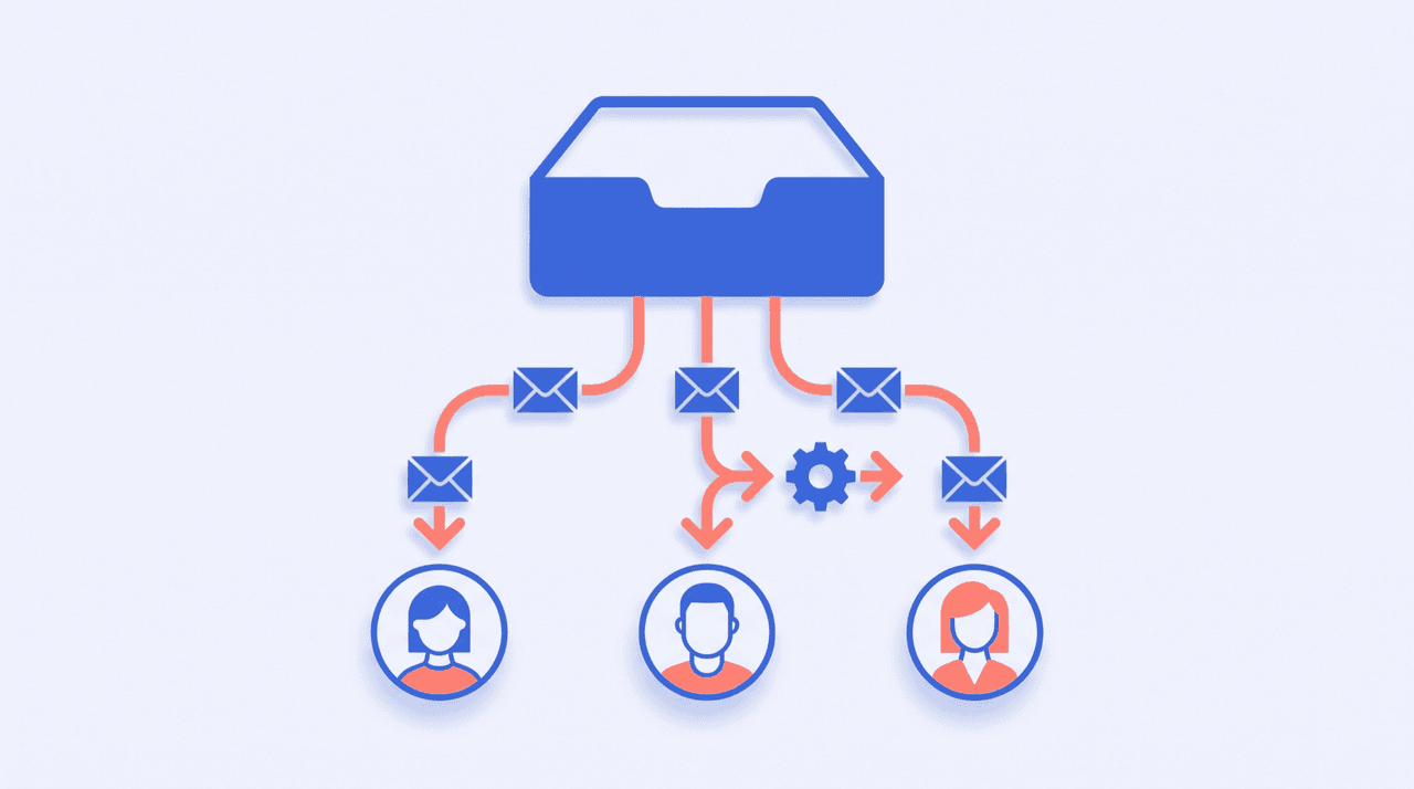 Shared team inbox splitting into six alternative app icons connected by routing arrows around an email envelope